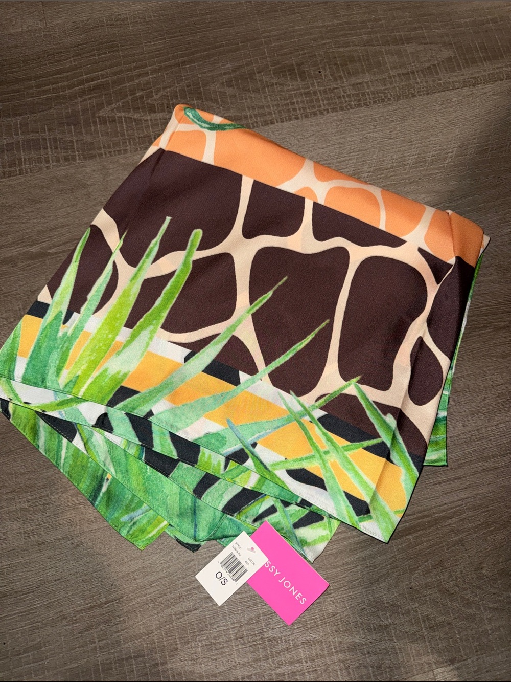 Sassy Jones Giraffe & Tropical Leaf Print Scarf in Green Orange Brown